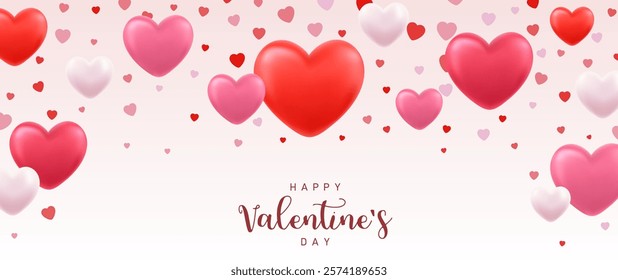 3d hearts background. Valentines Day greeting card concept. Happy Women s, Mother s, Valentine s Day, birthday greeting. Vector illustration