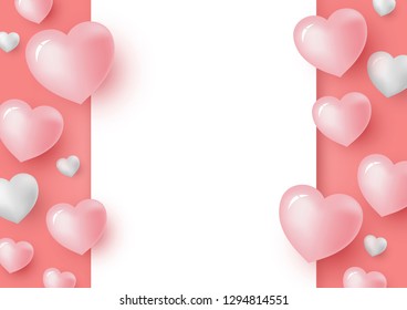 3d hearts and blank white paper on coral color background for Valentine's day and wedding card vector illustration