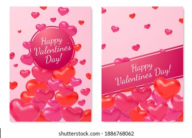 3d hearts cards. Valentine day, love realistic banners. Flying pink red heart, romantic brochure for gift. Promotion party vector poster