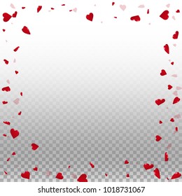 3d hearts. Chaotic border on transparent grid light background. 3d hearts valentine's day extraordinary design. Vector illustration.