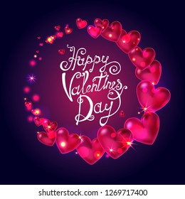3D hearts, circle, frame, red and gold, lettering, vector