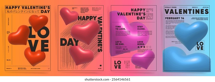3D Hearts. Colorful Valentine’s Day poster templates with bold 3D hearts, Japanese typography, and Y2k minimalist designs for modern celebrations and branding.