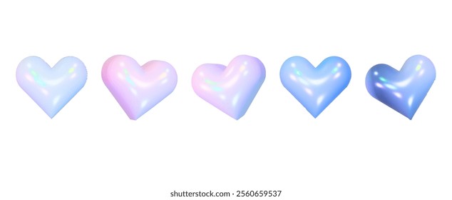 3D hearts in difference positions, glossy shiny, holographic and blue  vector objects isolated on white background. Valentine's Day design