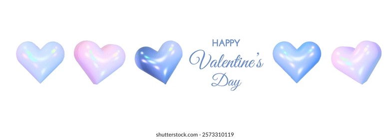 3D hearts in difference positions, glossy shiny, holographic and blue  vector objects isolated on white background. Valentine's Day and 14 February design