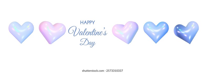 3D hearts in difference positions, glossy shiny, holographic and blue  vector objects isolated on white background. Valentine's Day and 14 February design