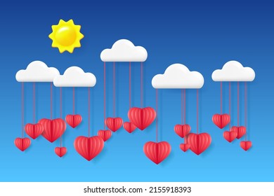3D hearts garland. Blue sky, white clouds and voluminous red hearts. Holiday background for Valentine's day, Wedding, Mother's Day