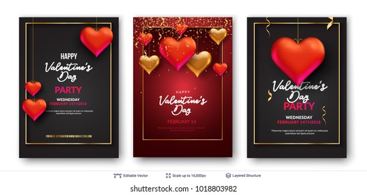 3D hearts and greeting text. Easy to edit vector backgrounds set. Holiday greeting card design.