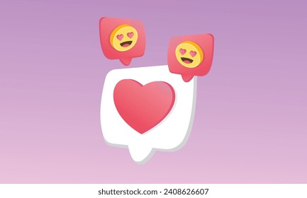 3D hearts and happy faces 3D icons.3d goal for technology,online social media usage illustration.