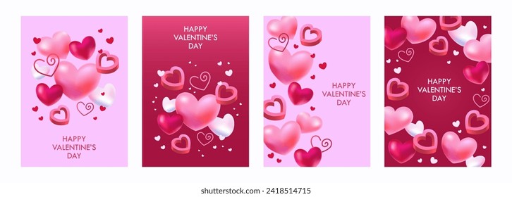 3D hearts. Happy Valentine's Day. Set of templates for banners. Vector modern illustration. Pink color