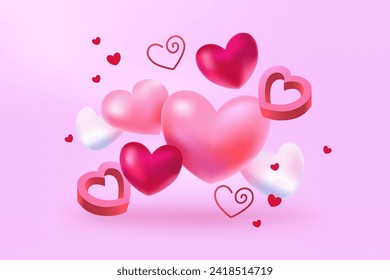 3D hearts. Happy Valentine's Day. Vector modern illustration. Pink color. Banner design