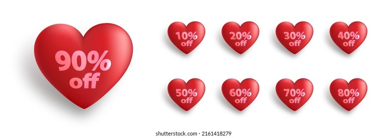 3d hearts icon set with tag 10, 20, 30, 40, 50, 60, 70, 80, 90 percents off. Heart shapes with different discount set isolated on white background. Vector illustration