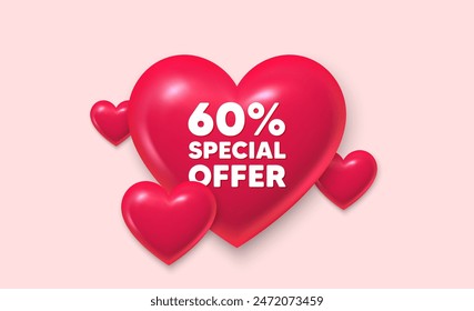 3d hearts love banner. 60 percent discount offer tag. Sale price promo sign. Special offer symbol. Discount message. Banner with 3d heart icon. Love Valentin template. Vector