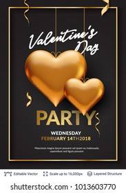 3D hearts and luxurious golden frame on black. Easy to edit vector background. Holiday greeting card design.
