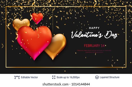 3D hearts and luxurious golden frame on black. Easy to edit vector background. Holiday greeting card design.