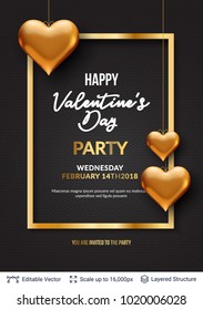 3D hearts and luxurious golden frame on black. Easy to edit vector background. Holiday greeting card design.