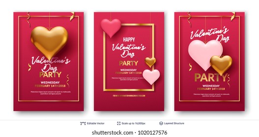 3D hearts and luxurious golden frame on pink. Easy to edit vector backgrounds set. Holiday greeting card design.