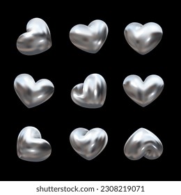 3D hearts made of chrome, silver, or other shiny light metal. Set of isolated vector elements in heart shape in various rotation positions. Ideal for luxury, romantic, and love-themed design