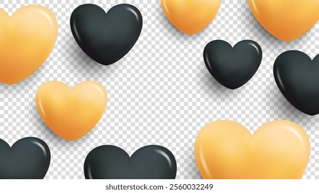 3d hearts on transparent background. Graphic overlay template for wedding invitations and Happy Valentine's Day holiday greetings. Gold and black colors. Vector illustration.