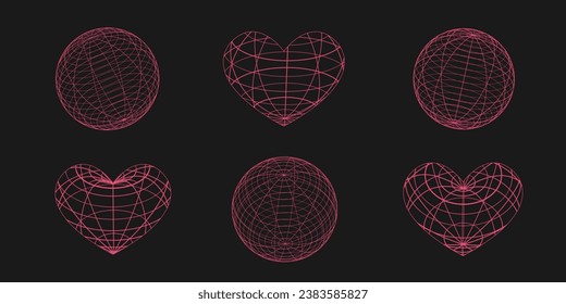 3D hearts and planet in trendy retro futuristic style. Abstract graphic geometric symbols and objects in y2k style. Geometry wireframe shapes.