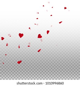 3d hearts. Radiant left top corner on transparent grid light background. 3d hearts valentine's day indelible design. Vector illustration.