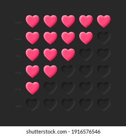 Material Neumórfico De Iconos De Calificación 3D En Fondo Oscuro. Neumorphism UI UX Life Health Bar Rating System (Sistema de escala de escala de calificación de barras de estado de vida de la interfaz de usuario de usuario de la interfaz de usuario). Sistema de evaluación para comentarios
