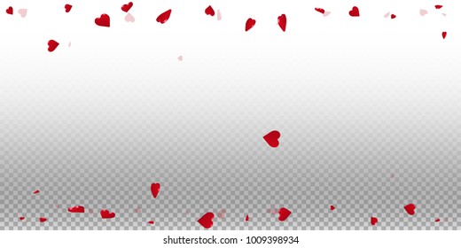 3d hearts. Scattered border on transparent grid light background. 3d hearts valentine's day symmetrical design. Vector illustration.