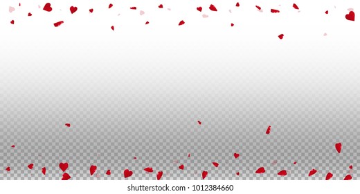 3d hearts. Scattered border on transparent grid light background. 3d hearts valentine's day terrific design. Vector illustration.