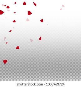3d hearts. Scattered top left corner on transparent grid light background. 3d hearts valentine's day actual design. Vector illustration.