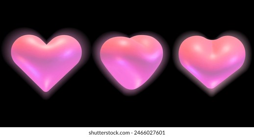 Conjunto de corazones 3D. Corazones holográficos brillantes con un brillo suave varias posiciones de rotación colección.Vector 