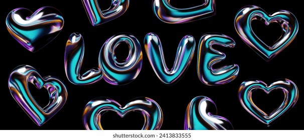 3D hearts set and LOVE text in balloon bubble font from liquid metal with a holographic glossy surface. Isolated vector illustration for retro-futuristic Y2K style design