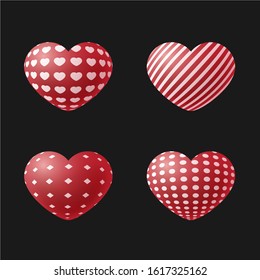 3d hearts set. Red textured realistic objects. Vector illustration. Striped, dotted heart