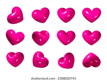 3D hearts set in various rotation positions, glossy shiny red or pink vector objects in heart shape, isolated on white background. Ideal for love, romantic, and Valentine's Day designs