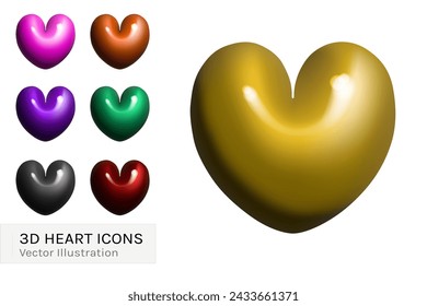 3D hearts set vector illustration design. Multicolor shiny collection on Valentine Day, romantic or love icon.