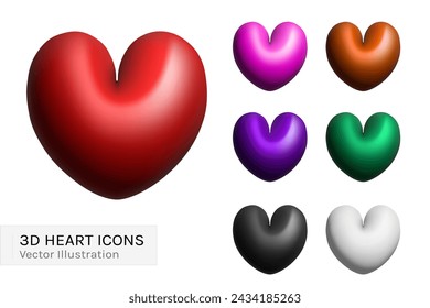 3D hearts set vector illustration design. Bright multicolor collection on Valentine Day, romantic or love icon.