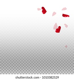 3d hearts. Top right corner on transparent grid light background. 3d hearts valentine's day curious design. Vector illustration.