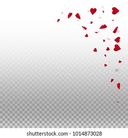 3d hearts. Top right corner on transparent grid light background. 3d hearts valentine's day cool design. Vector illustration.