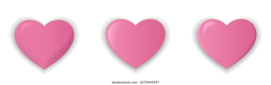 3d hearts for Valentines day in trendy pink color. Love symbols. Isolated voluminous vector images