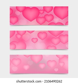 3d Hearts vector background. Set of 3 banners for Valentines Day. Perfect template for website, social media, etc. 