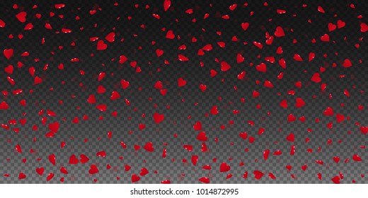 3d hearts. Wide scatter on transparent grid dark background. 3d hearts valentine's day fabulous design. Vector illustration.