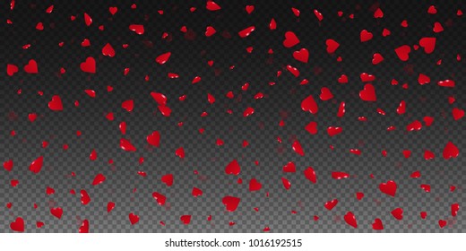 3d hearts. Wide scatter on transparent grid dark background. 3d hearts valentine's day extra design. Vector illustration.