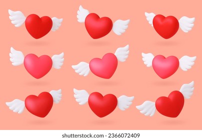 3d hearts with wings. Flying red heart, valentines day romantic symbols. Wedding, marriage or love relationship. Cute pithy vector collection