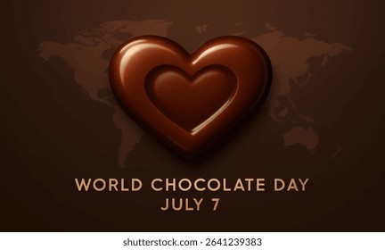 3D heart-shaped chocolate with World Chocolate Day, July 7, text. Perfect for romantic and holiday-themed graphics.