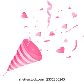 3d Heart-shaped confetti firecrackers, party cone popper, birthday background or event background. vector illustration, handdrawing. Valentine's Day, White Day
