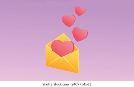 3D heart-shaped love letters for Valentine's Day Romantic heart-shaped design envelope.3d goal for technology,online social media usage illustration.