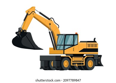 3d heavy machinery of yellow wheeled excavator for construction work on white background