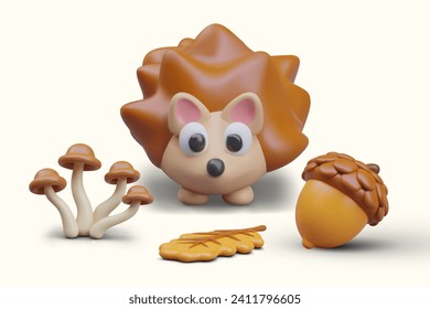3D hedgehog, mushrooms, oak leaf, acorn. Set of colored elements in cartoon style. Forest animal and its food. Templates for web compositions, decorating children sites, applications