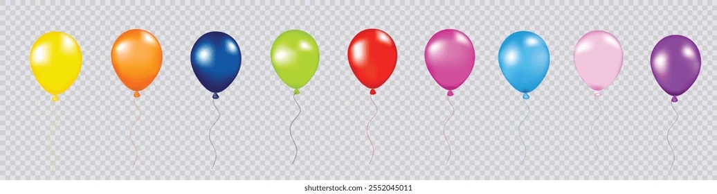 3D helium balloon set in gold, pink, blue, green, and colorful festive colors, isolated on a transparent background. A realistic vector template for anniversary and birthday party design