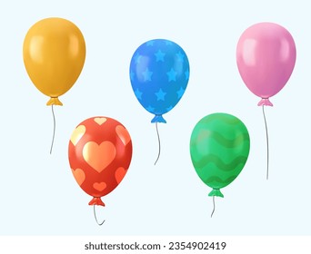 3D helium balloons set in cartoon style. Different color balloon, birthday party, valentine's day, wedding festive decorative concept isolated on white. Red, purple, yellow and blue balloon 3D vector