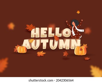 3D Hello Autumn Text With Cartoon Young Girl Raising Hands Up, Pumpkins And Maple Leaves On Brown Background.