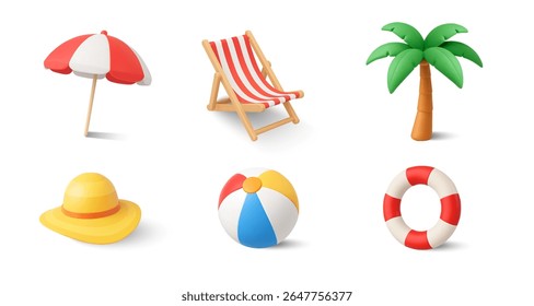 3d hello summer icons collection, isolated on white background. Beach chair with coconut or palm tree, life buoy and beach ball, beach hat icon in 3d vector